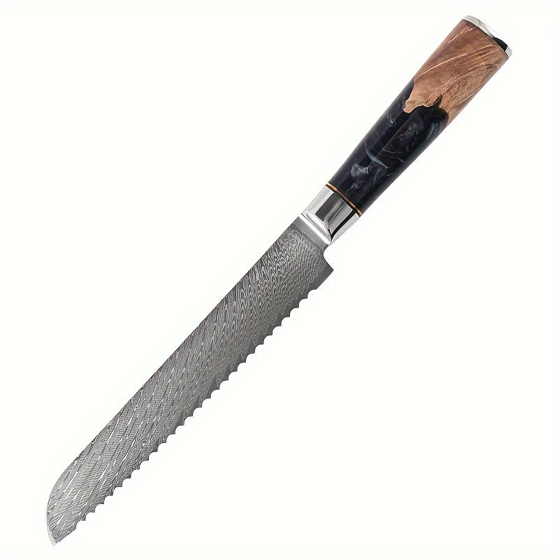 Damascus Steel Black Resin Handle Kitchen Knives. Chef's Knife, Bread Knife, Meat Cutter, Multipurpose Knife, Paring Knife, Paring Knife. Light And Easy To Use, Easy To Clean, Simple And Generous. Good Kitchen Help