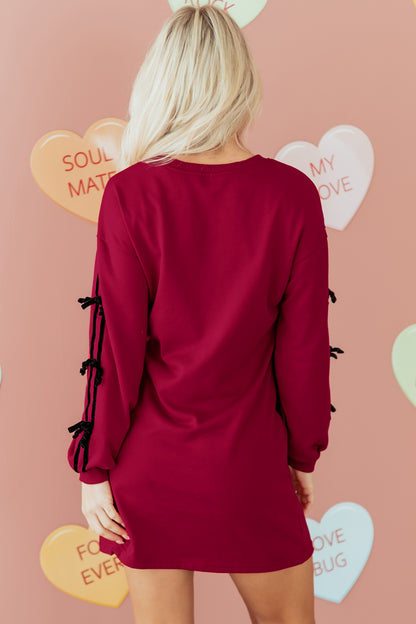 Racing Red Contrast Striped Bow Detail Drop Shoulder Sweatshirt Dress with Pockets