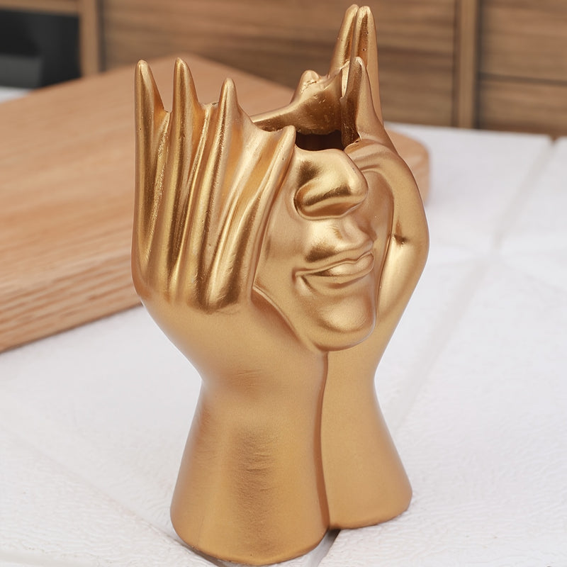 1pc Resin Art Pen Holder in Face-Holding Design - Elegant Home Decor Accent, Available in White, Golden, and Black - Perfect for Organizing Writing Instruments, Pens for Writing