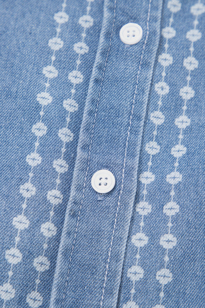 Myosotis Floral Print Button-Down Long Sleeve Denim Shirt