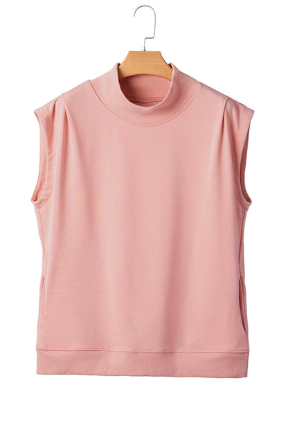 Pink Solid Color High Neck Cap Sleeve Loose Top