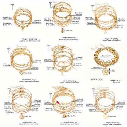 38pcs Bohemian Retro Anklets, Mixed Layered Chain With Star And Heart Pendants, Vintage Cuban Link Beach Vacation Jewelry, Multi-Layered Stackable Foot Chains For Women