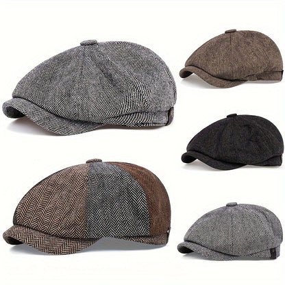 Retro-Schiebermütze im Fischgrätmuster für Herren – Schwarze, lässige Baskenmütze im Vintage-Stil, aus gestricktem Polyester, perfekt für Valentinstag und als Alltagsmütze | Vintage-Schiebermütze | Strickstruktur