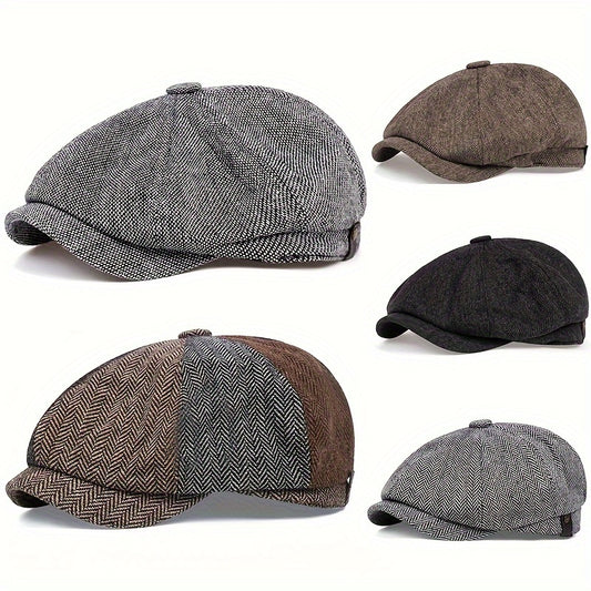Retro-Schiebermütze im Fischgrätmuster für Herren – Schwarze, lässige Baskenmütze im Vintage-Stil, aus gestricktem Polyester, perfekt für Valentinstag und als Alltagsmütze | Vintage-Schiebermütze | Strickstruktur