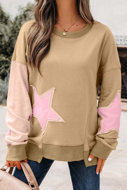 Sage Green Contrast Star Patchwork Exposed Seam Uneven Hem Drop Shoulder Sweatshirt