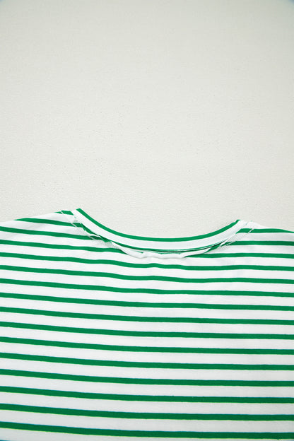 Green Stripe Floral Puff Sleeve Patchwork Round Neck Loose Top