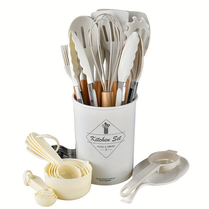 34pcs/set, Wooden Handle Silicone Kitchenware Set, Kitchen Baking Cooking Tools Set High Temperature Resistant Non-stick Pot Special Kitchenware, Kitchen Stuff Baking Supplies