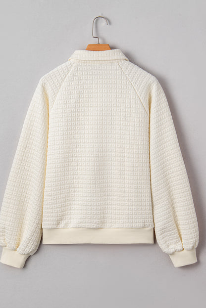 Beige Pineapple Textured Half Button Collared Sweatshirt