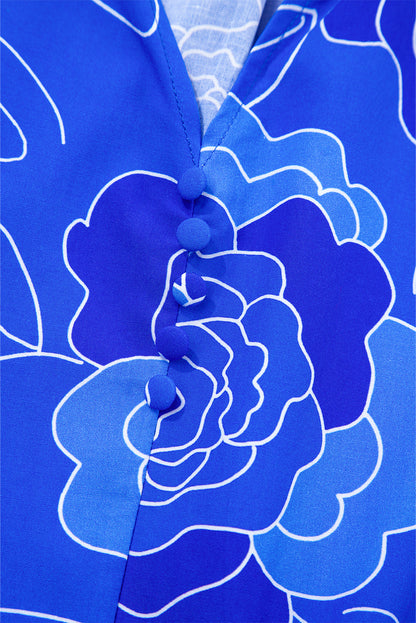 Blue Floral Ruffled Hem V Neck Short Sleeve Flowy Mini Dress