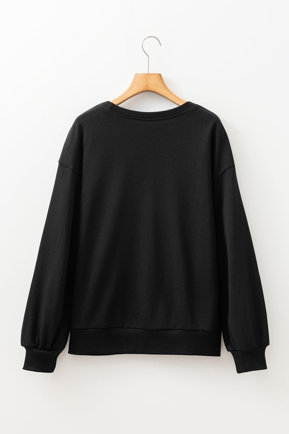 Black Rhinestone Embellished Drop Shoulder Ribbed Cuffs Wholesale Sweatshirt