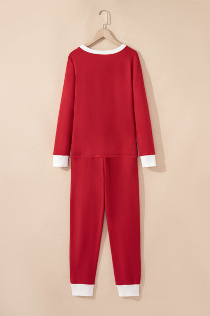 Fiery Red Contrast Trim Button V Neck Ribbon Bow Knot Waist 2pcs Lounge Pant Set