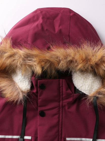 Herren-Winterwindjacke mit warmer Kapuze – Bordeauxroter Outdoor-Mantel mit Reißverschluss, Stehkragen, mehreren Taschen, lässig-sportliches Design für kaltes Wetter, Winterjacke