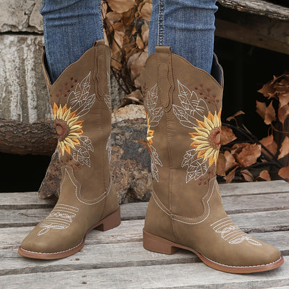 Bestickte Westernstiefel für Damen, mittelhoch, aus Kunstleder, Damenschuhe
