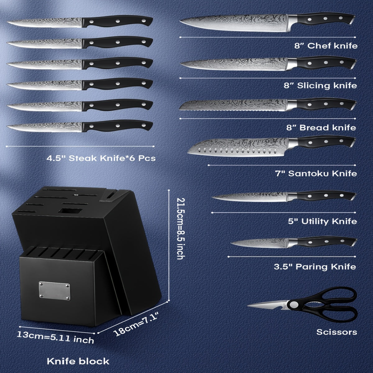 Knife Set, 14PCS German Stainless Steel Kitchen Knives Block Set With Built-in Sharpener, Black