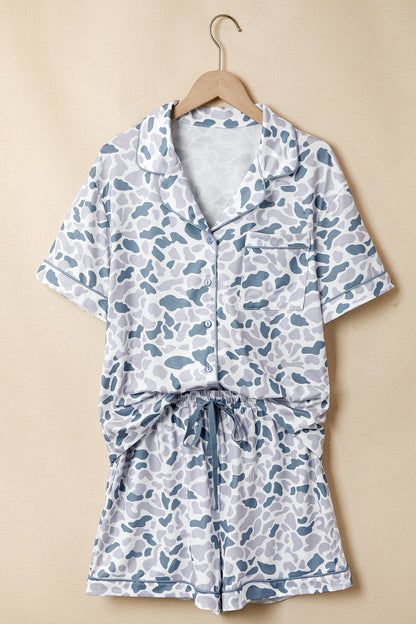 Beige Camouflage Print Lapel Shirt Drawstring 2pcs Short Pajama Set