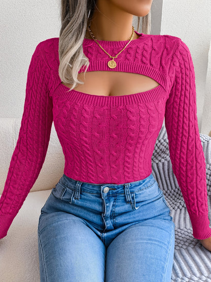 Damen-Langarmpullover mit Lochmuster | Hochelastisches Material, Rundhalsausschnitt, sexy, figurbetont, Herbst/Winter