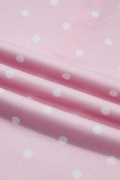 Pink Polka Dot Print Metal Button Collar Casual Pullover Sweatshirt