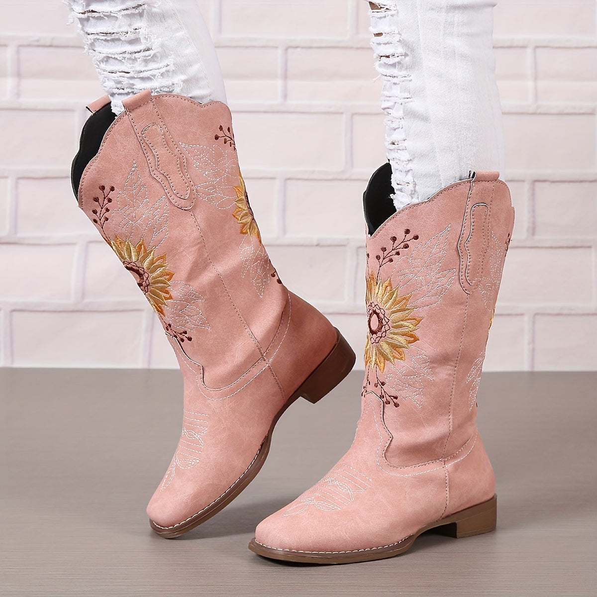 Bestickte Westernstiefel für Damen, mittelhoch, aus Kunstleder, Damenschuhe