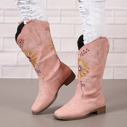 Bestickte Westernstiefel für Damen, mittelhoch, aus Kunstleder, Damenschuhe