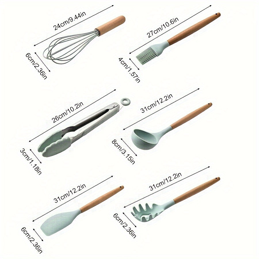 12pcs/set, Brodark, Silicone Cooking Utensils Set With Wooden Handle, Colorful Non-stick Pot Special Cooking Tools Set, Heat Resistant Turner, Tongs, Spatula, Spoon, Oil Brush And Whisk, Kitchen Supplies, Suitable For Restaur