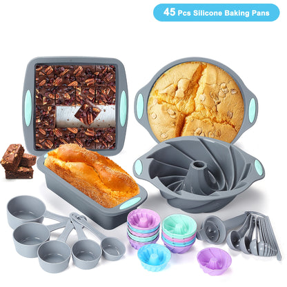 45pcs Silicone Baking Set, Nonstick Bakeware Set Baking Cookie Sheets Cake Muffin Bread Pan, Loaf Pan, Cake Pan, Pizza Pan, Mini Cupcake mold, Bundt pan, Charlotte Cake Pan, Measuring Cup and Spoon