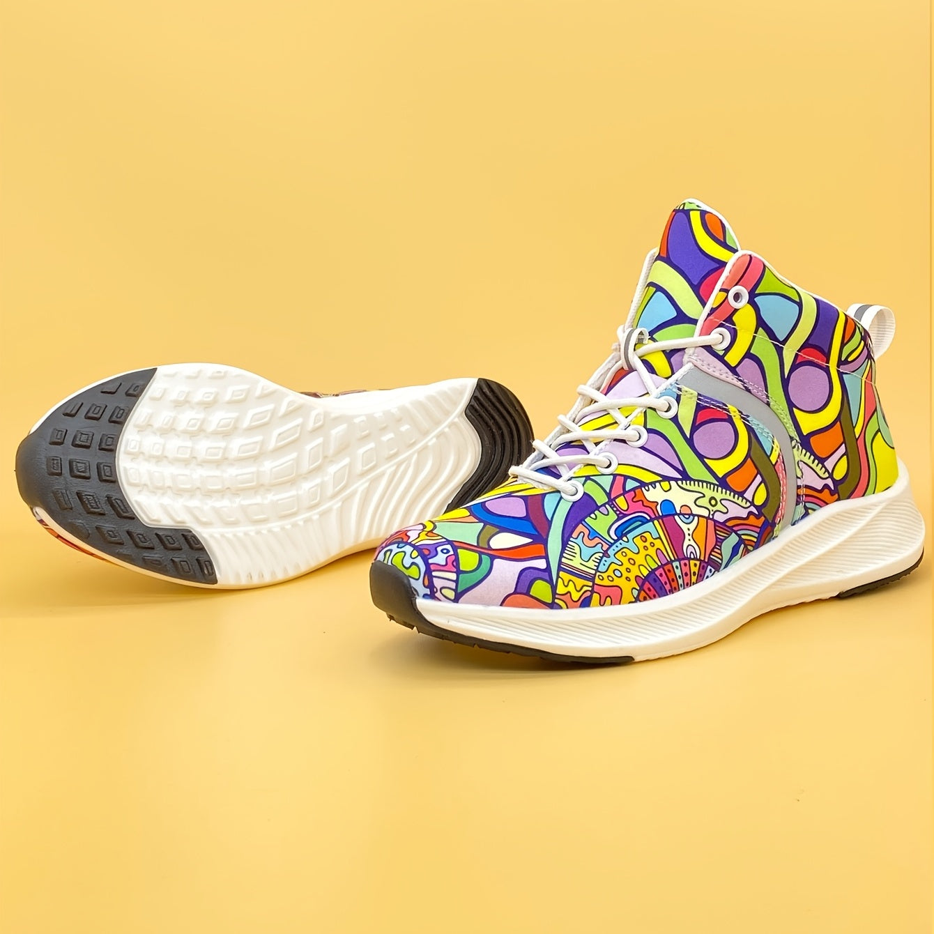 [Reflektierende Sneaker] Leichte, reflektierende Damen-Sneaker mit handbemaltem Cartoon-Print | Schnürschuhe für den Alltag mit weichem Obermaterial aus Stoff und EVA-/Gummisohle – perfekt für den Winter.