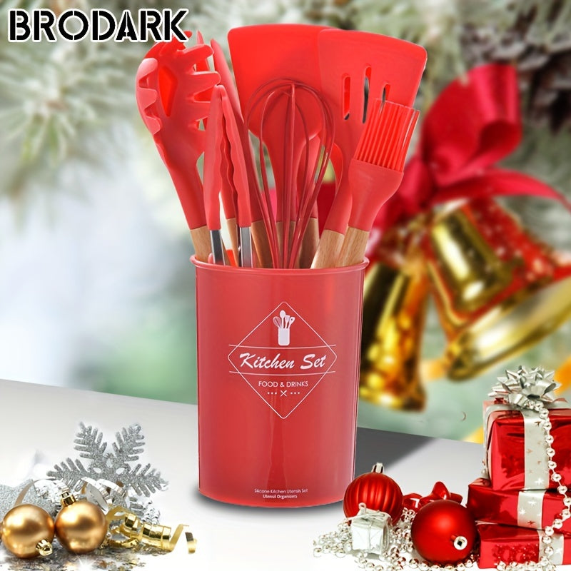 12pcs/set, Brodark, Silicone Cooking Utensils Set With Wooden Handle, Colorful Non-stick Pot Special Cooking Tools Set, Heat Resistant Turner, Tongs, Spatula, Spoon, Oil Brush And Whisk, Kitchen Supplies, Suitable For Restaur