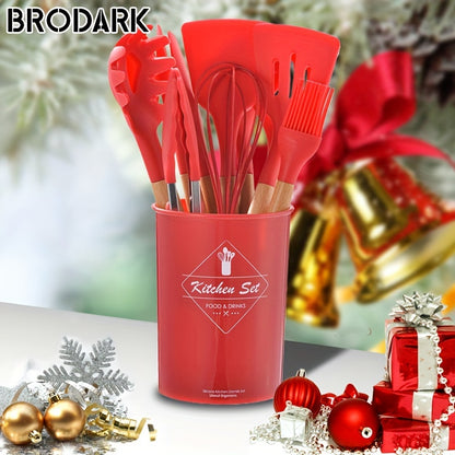 12pcs/set, Brodark, Silicone Cooking Utensils Set With Wooden Handle, Colorful Non-stick Pot Special Cooking Tools Set, Heat Resistant Turner, Tongs, Spatula, Spoon, Oil Brush And Whisk, Kitchen Supplies, Suitable For Restaur