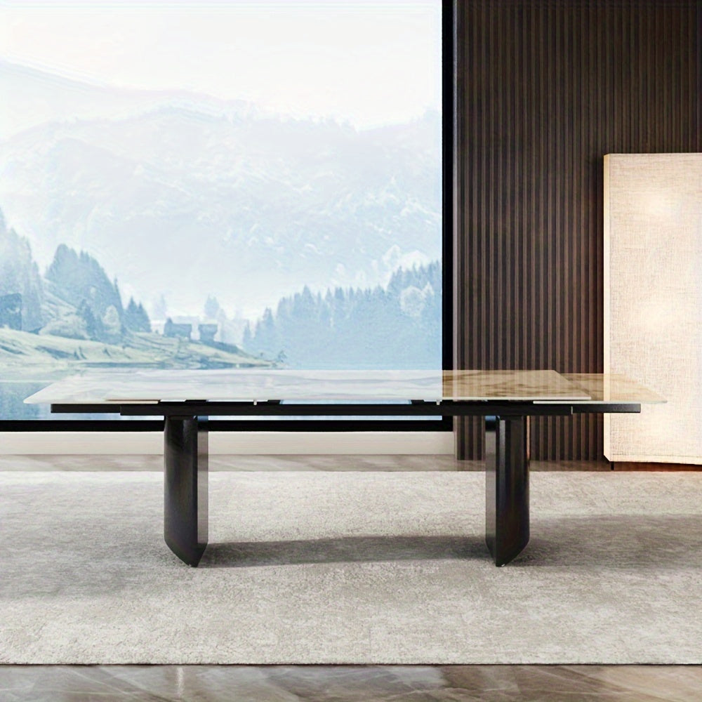 1pc Modern Extendable Dining Table, Rectangular Sintered Stone Top With Stainless Steel Legs, Seats 6-10 People, Adjustable Length 63''-94.5'', Ideal For Kitchen & Dining Room Decor