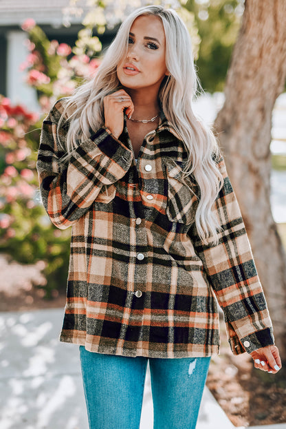 Fiery Red Geometric Plaid Print Pocketed Shacket