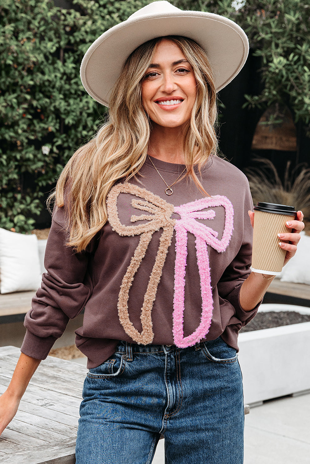 Dark Khaki Contrast Terry Bow Pattern Drop Shoulder Sweatshirt