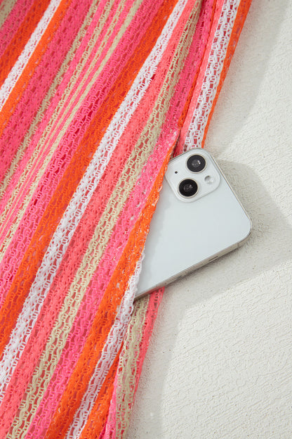 Pink Stripe Ruffled Straps Ribbon Knot Flowy Vacation Maxi Dress