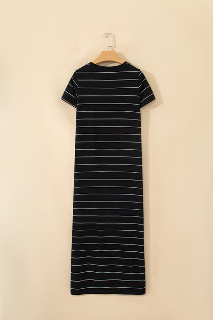 Black Stripe Casual Short Sleeve Side Slit Maxi T Shirt Dress