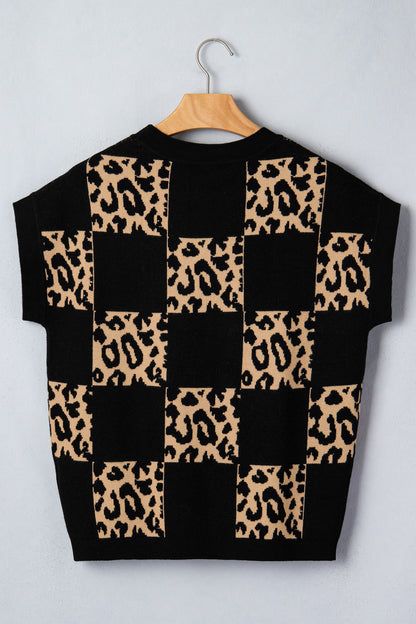 Black Leopard Checkerboard Short Sleeve Knit Sweater