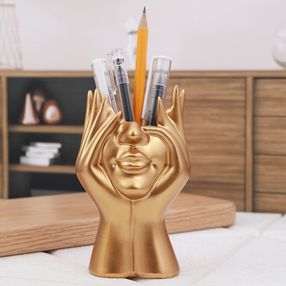 1pc Resin Art Pen Holder in Face-Holding Design - Elegant Home Decor Accent, Available in White, Golden, and Black - Perfect for Organizing Writing Instruments, Pens for Writing