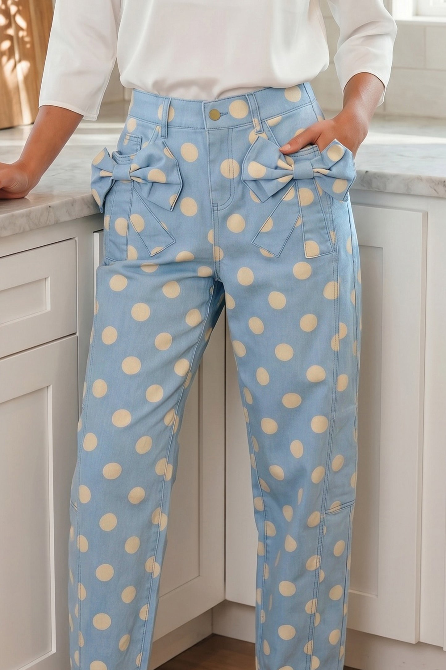 Sky Blue Polka Dot Print Bow Detail Pocketed Barrel Jeans