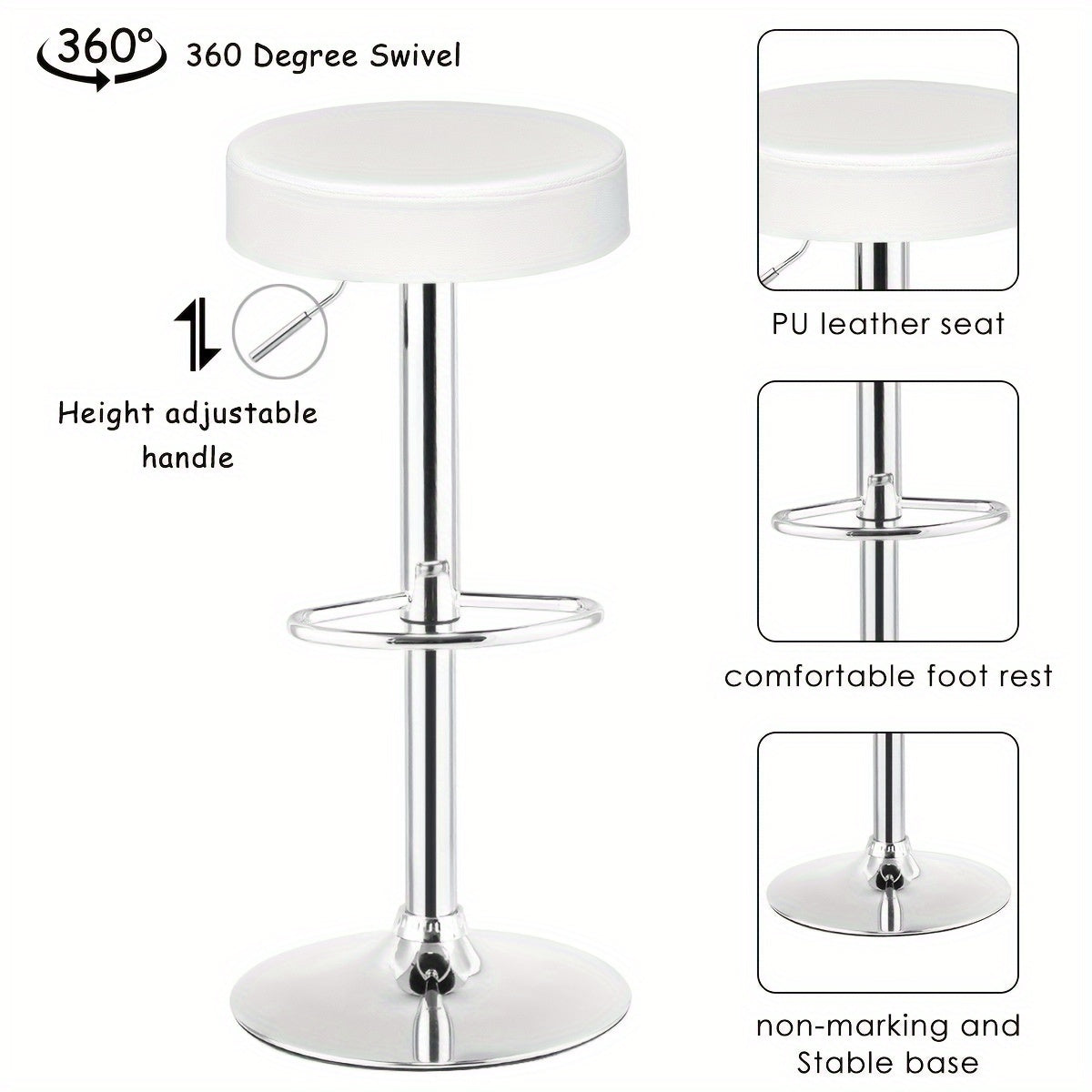 1pc Luxury Leather Bar Stool - Modern Chrome Base with Hydraulic Swivel & Round Cushion - Perfect for Counter Height Kitchen Dining