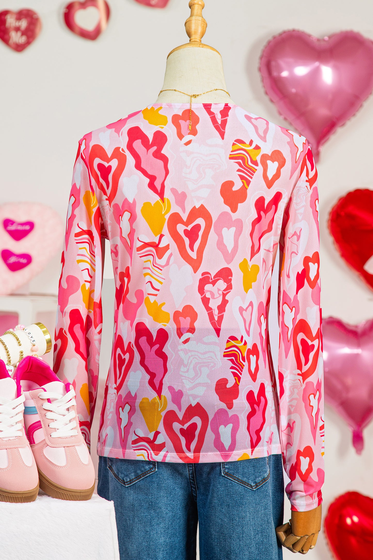 Rose Valentine Heart Mesh Long Sleeve Top