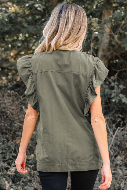 Pale Khaki Ruffled Patchwork Denim Jacket Vest