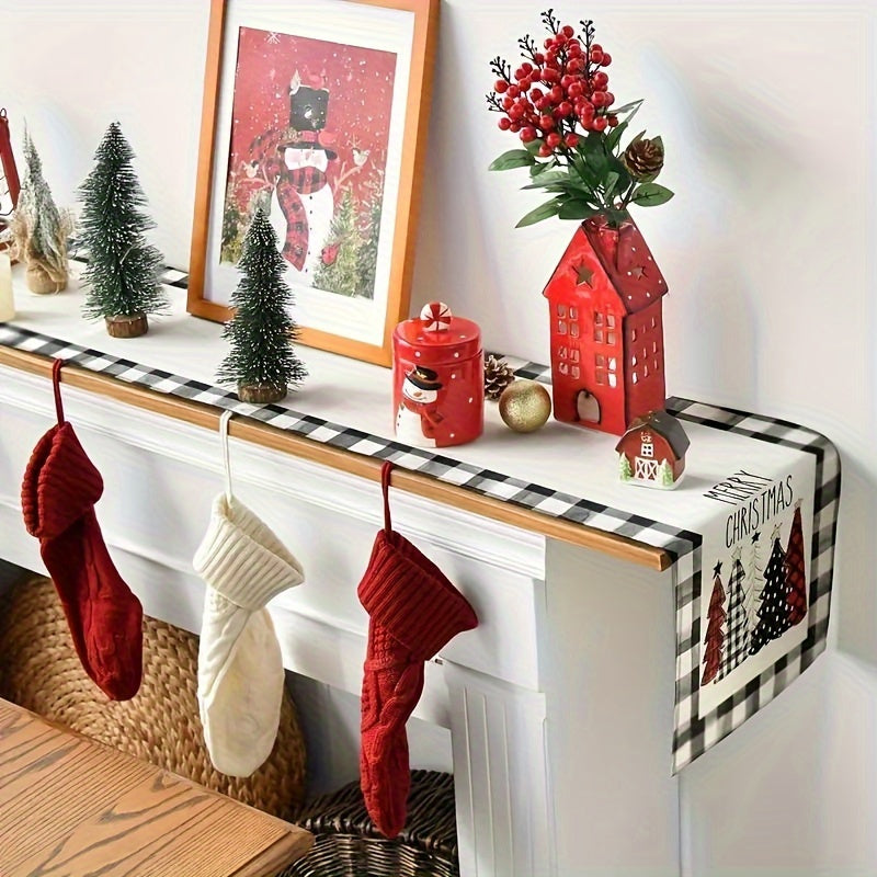 1pc Waterclor Buffalo Plaid Christmas Trees Merry Xmas Table Runner, Seasonal Winter Holiday Kitchen Dining Table Decoration for Indoor Outdoor Home Party Decor 13x48 Inch/13x72 Inch/13x108 Inch