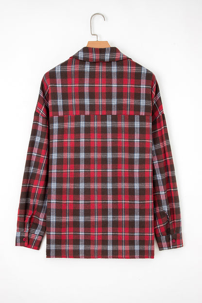Red Plaid Print Collared V Neck Loose Blouse with Side Slits