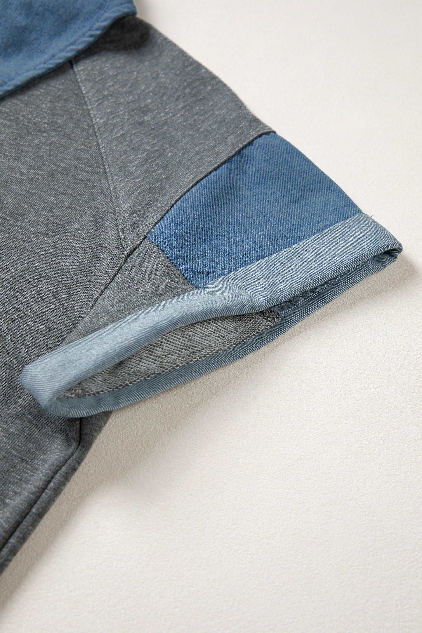 Carbon Grey Denim Color Block Patchwork Shirt Collar Short Sleeve Blouse