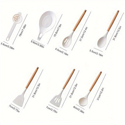 12/14pcs/set Premium Wooden Handle Silicone Kitchenware Set - Heat-Resistant, Non-Stick, Easy-to-Clean Cooking Tools for Baking, Cooking, and Serving - Durable, Versatile, and Space-Saving Kitchen Essentials