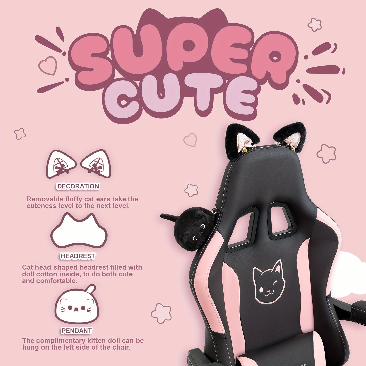 Dowinx Gaming Chair Cute with Cat Ears and Massage Lumbar Support, Ergonomic Computer Chair for Girl with Footrest and Headrest, Comfortable Reclining Game Chair 290lbs for Adult, Teen Back-to-school Season Gift, School Suppl