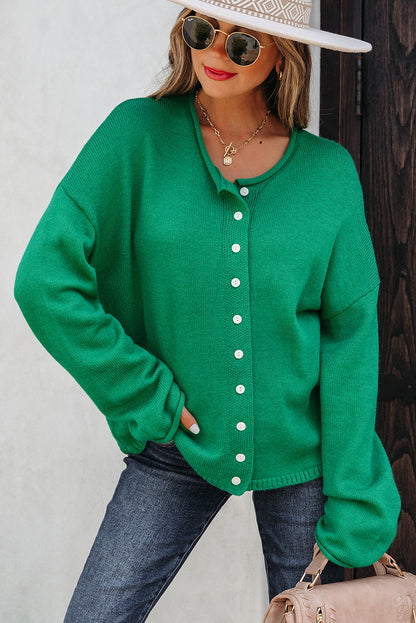 Wisteria Solid Color Knit Button Drop Shoulder Sweater Cardigan