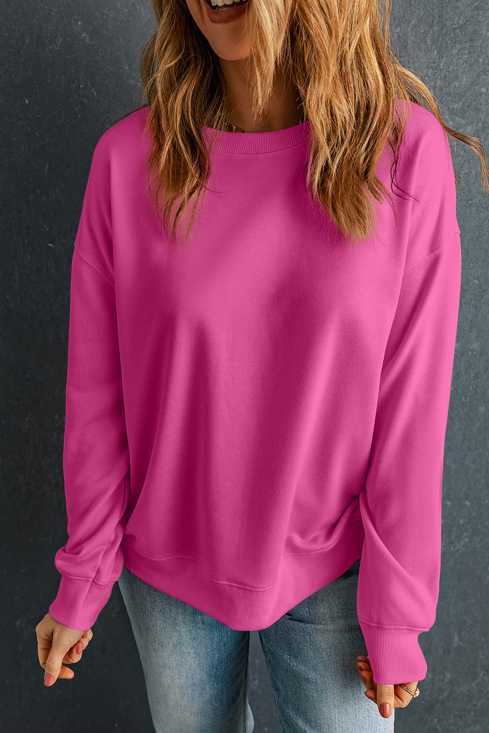 Rose Red Solid Classic Crewneck Pullover Sweatshirt