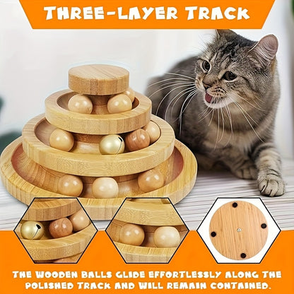 [Interactive Cat Ball Track] 3 Layer Tower Interactive Cat Ball Track | Natural Bamboo Wood with 9 Detachable Balls, Teasing Stick, DIY Circle Toys - Suitable for Kitten's Self-Hi, Boredom, Exercise, Educational Pet Toys