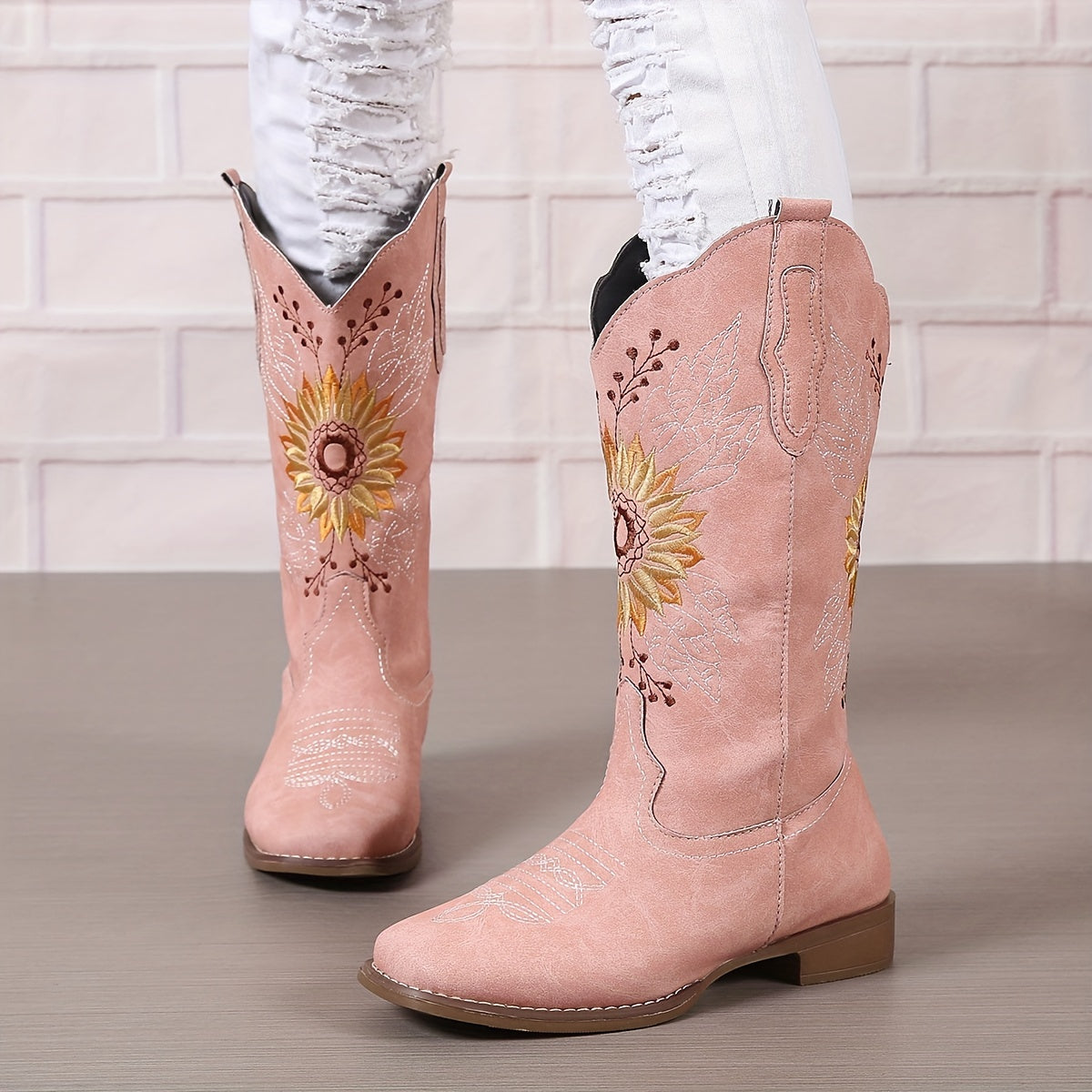 Bestickte Westernstiefel für Damen, mittelhoch, aus Kunstleder, Damenschuhe