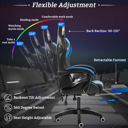 LED Gaming Chair With Wireless Speakers And Massage Big And Tall Video Game Chair For 397lbs With Footrest Reclining High Back Computer Desk Chair