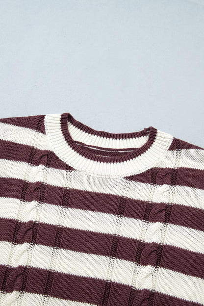 Brown Stripe Ribbed Knit Cable Detail Short Sleeve Sweater